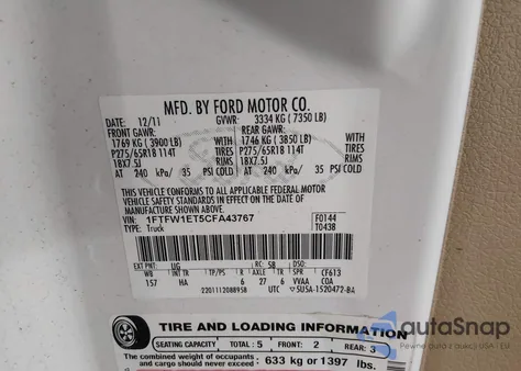 2012 Ford F-150 Lariat z USA, uszkodzony, nr VIN 1FTFW1ET5CFA43767